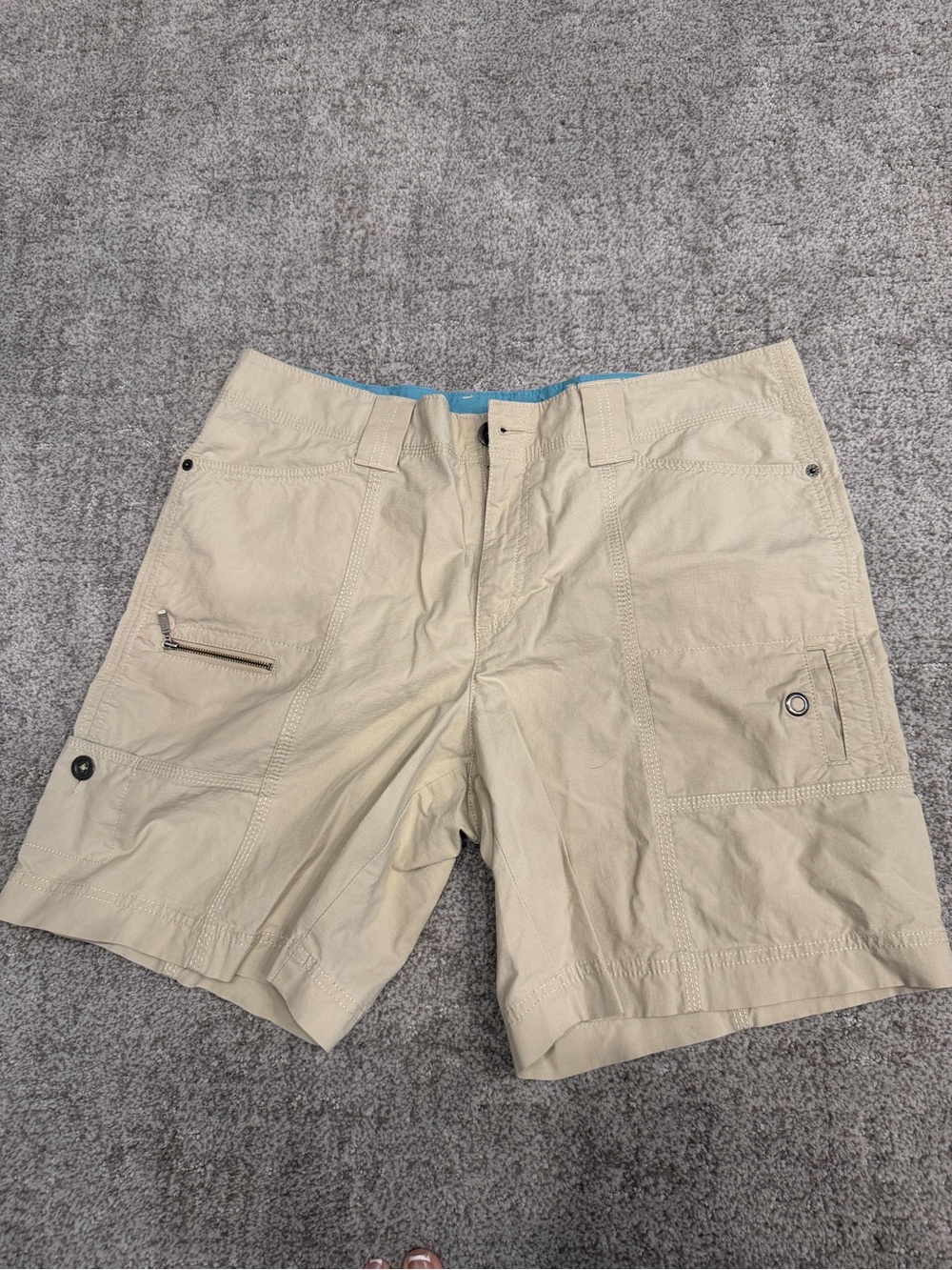 Eddie Bauer Beige Cargo Shorts with Blue Waistband Trim